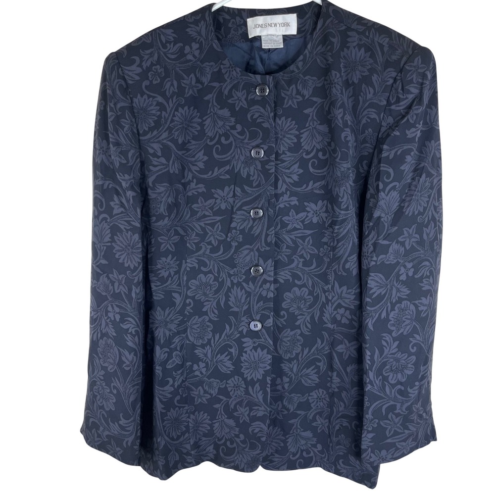 Jones New York Silk Blazer Womens 14 Navy Blue Floral Jacquard Collarless Jacket